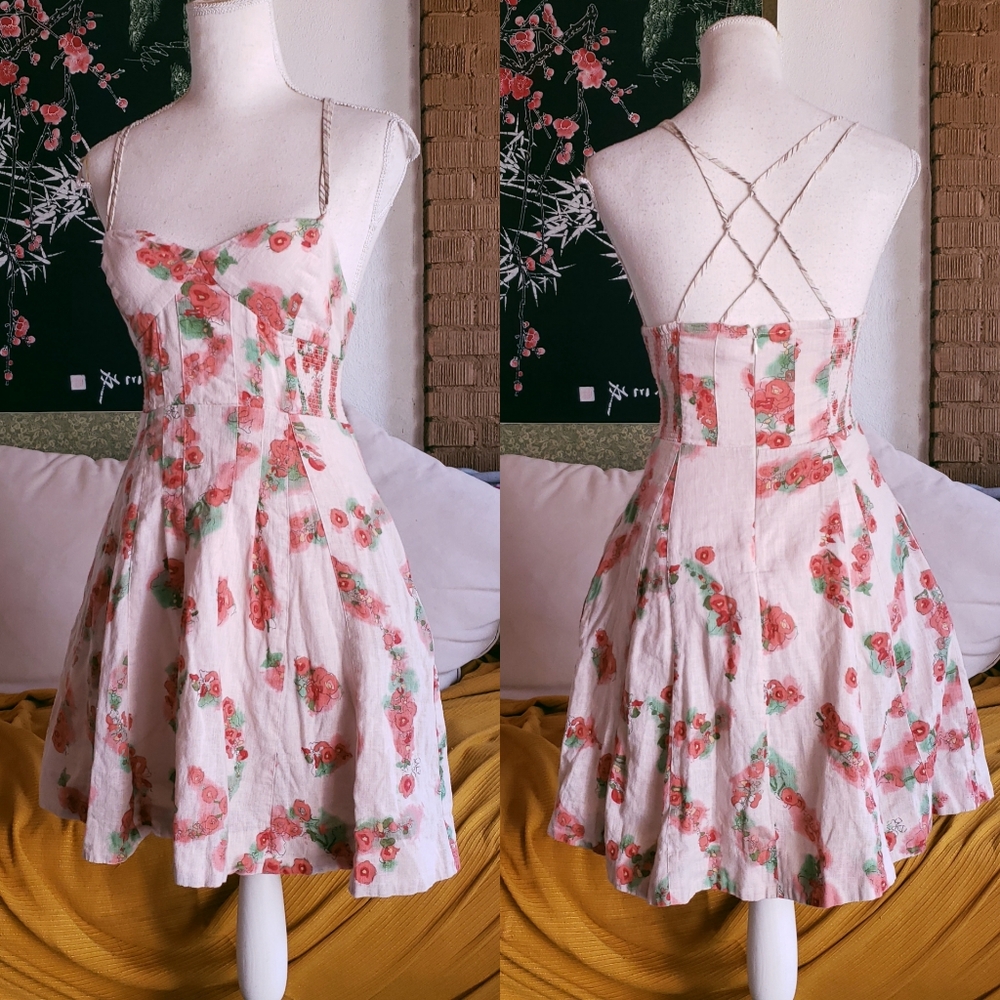 Free People Vtg Sweetheart Flared Linen Dress
